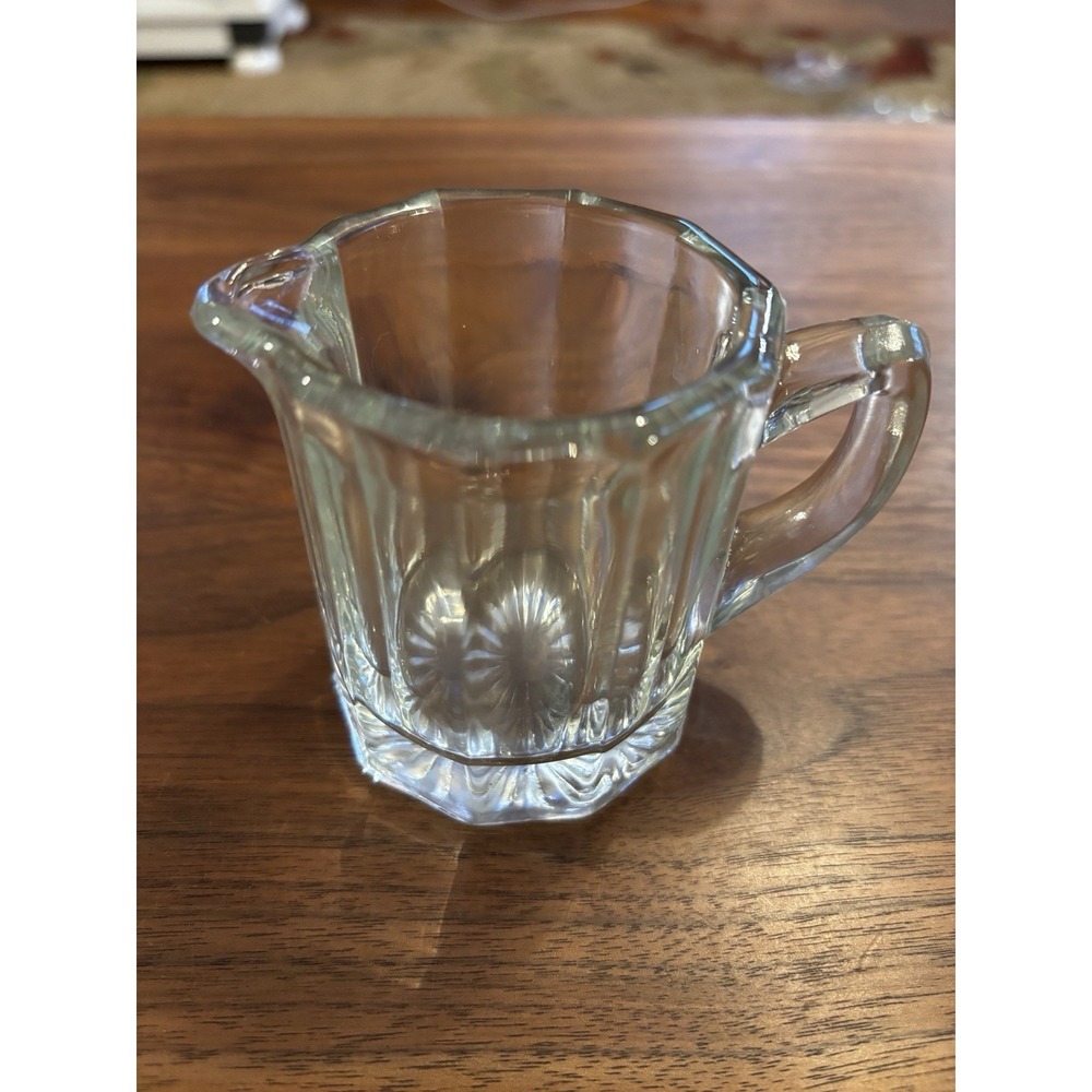 VTG 3" Mini Colonial Clear Glass Creamer Syrup Pitcher 10 Panel Sunburst Bottom - Picture 3 of 9